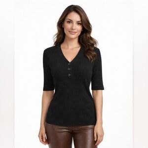 MICHAEL STARS Jeanny Black Ribbed Henley Top Size M NWOT